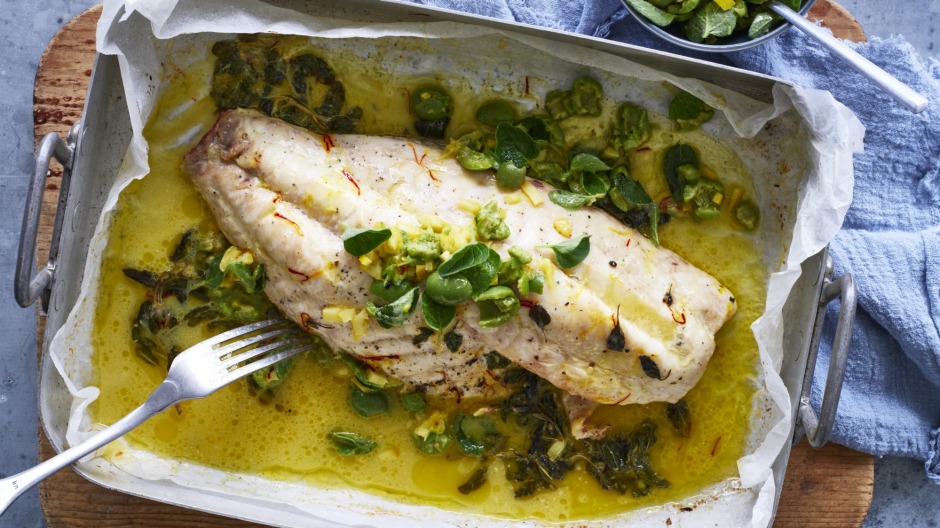 Baked fish with saffron butter and green olive salsa
